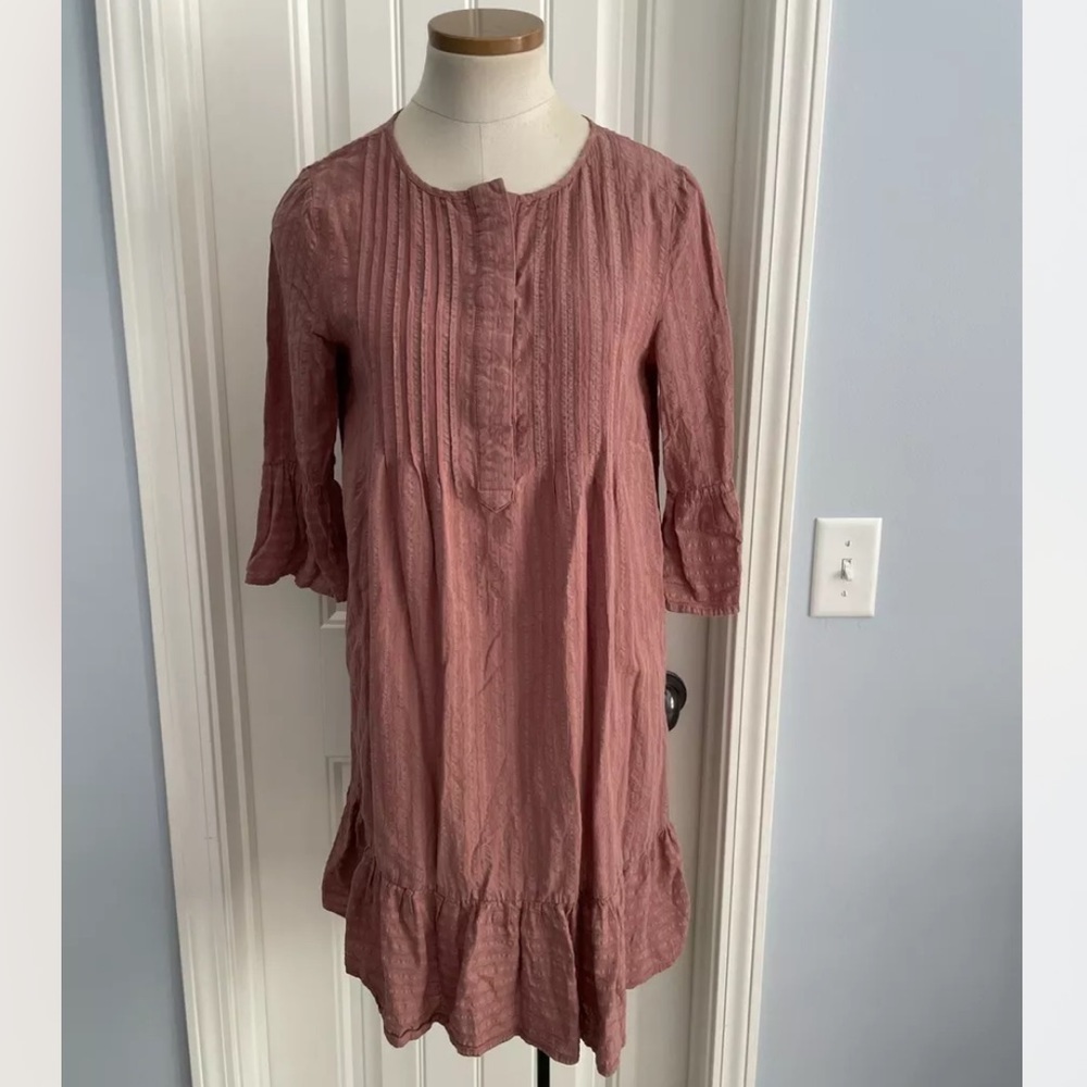 ELLA MARA Small Pink Rose‎ Shift Dress 3/4 Sleeve Cottagecore Lagenlook Peasant